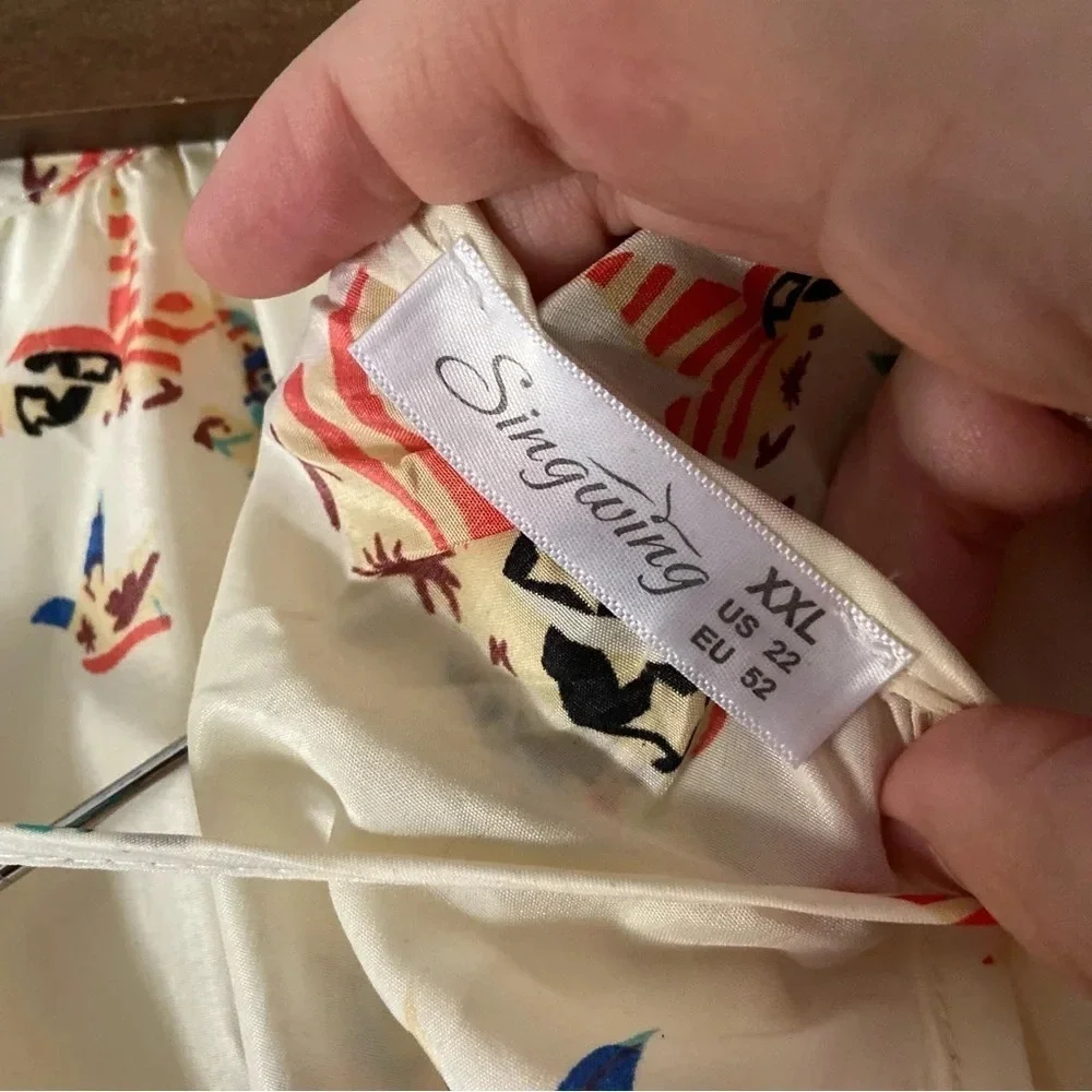 Colorful Bird Blouse Boho Cottagecore Americana Patriotic XXL Chiffon Tie Neck